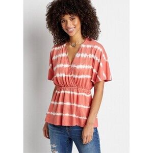 Maurices Tie Dye Faux Wrap Top Orange White Striped Cotton Size Medium NWT’s